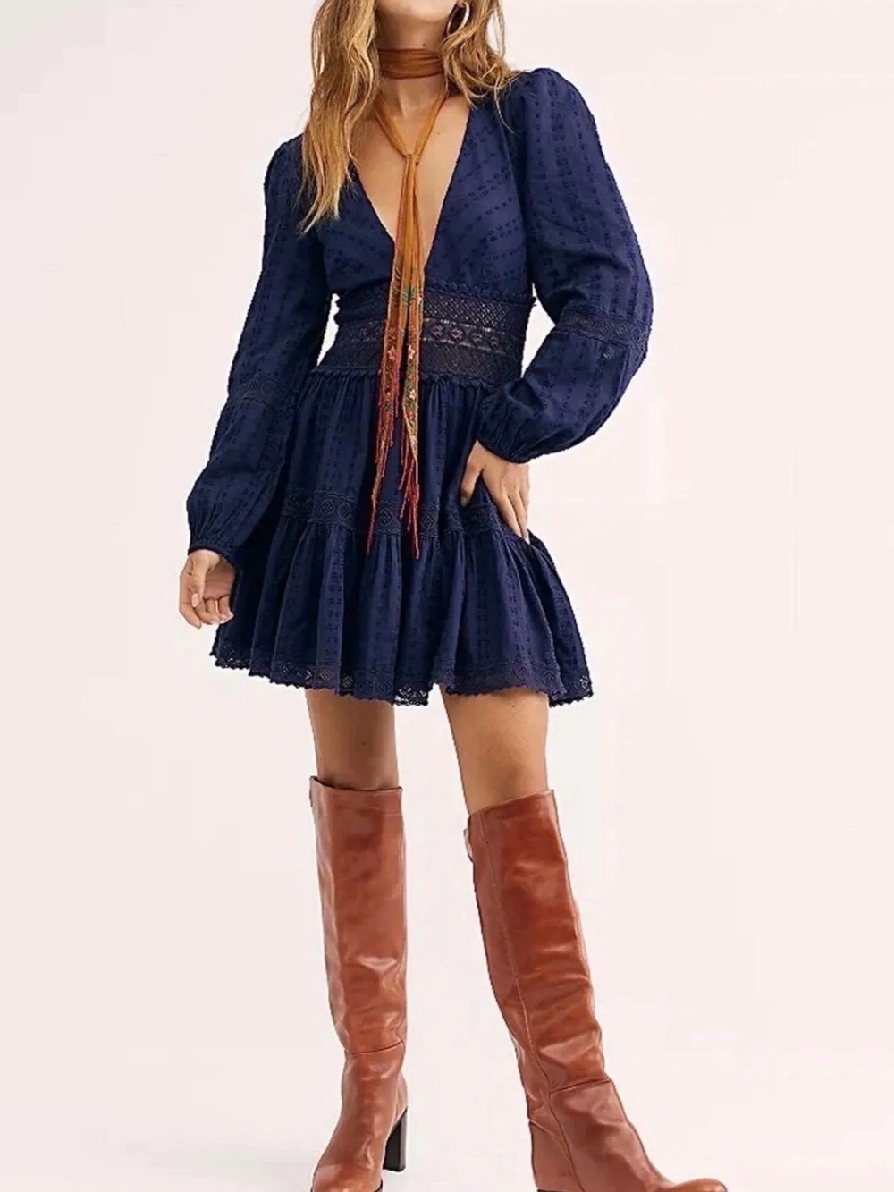 Free People Delightful Crochet  Mini Dress-Copper Tag